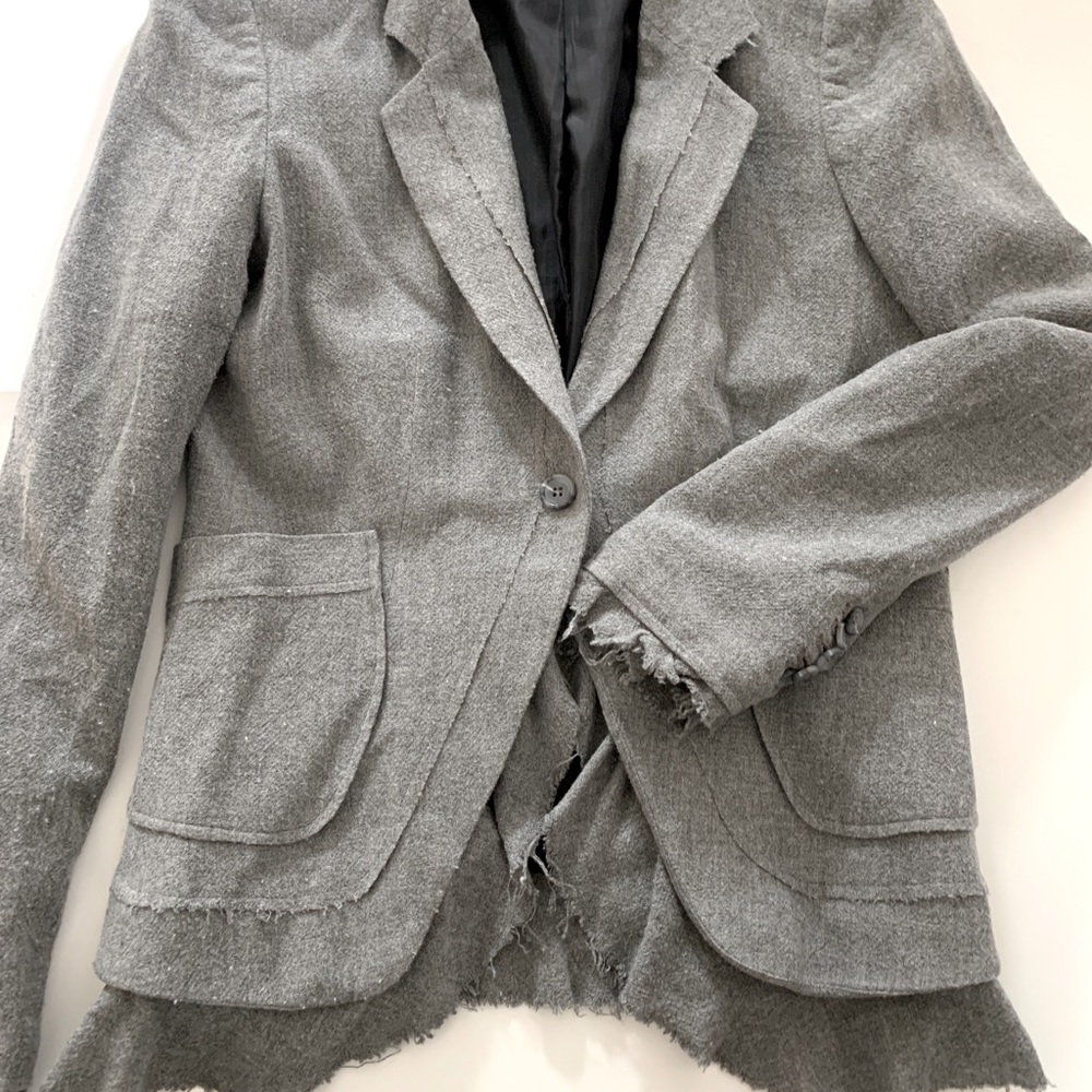 Elizabeth and James Grey blazer with raw hem feminine detail at edges